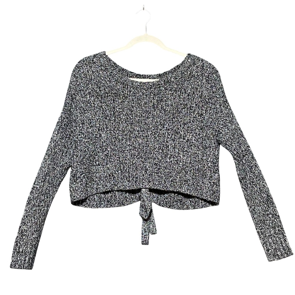 Hollister Cropped Chunky Cable Knit Sweater Size S Tie Back Black White Marled‎